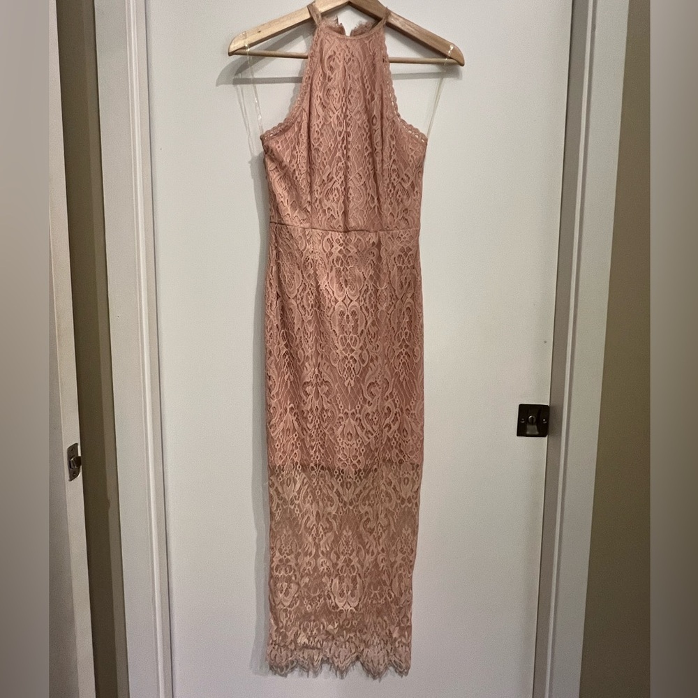 Rose Pink High Neck Lace Sheath Midi Dress, S